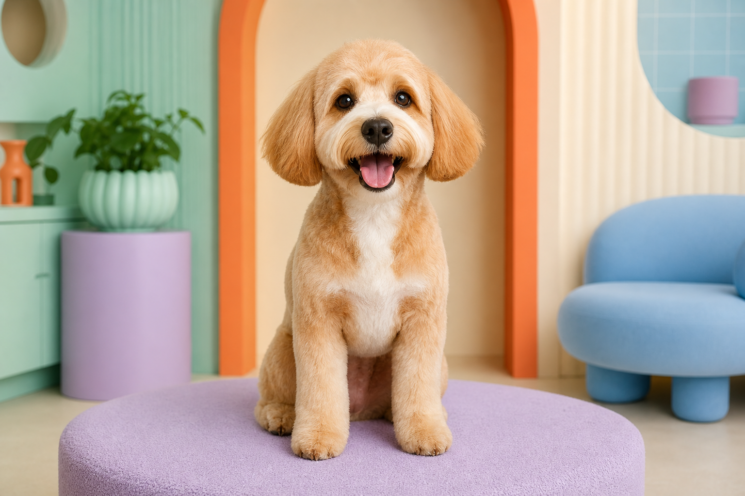 A calm puppy at the groomer